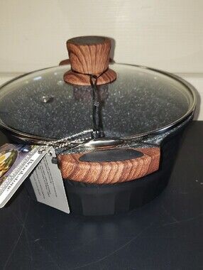 Stockpot Nonstick Wood-Effect Accents Glass Lid Cookware Pot Cooking Pan 2Pc Set